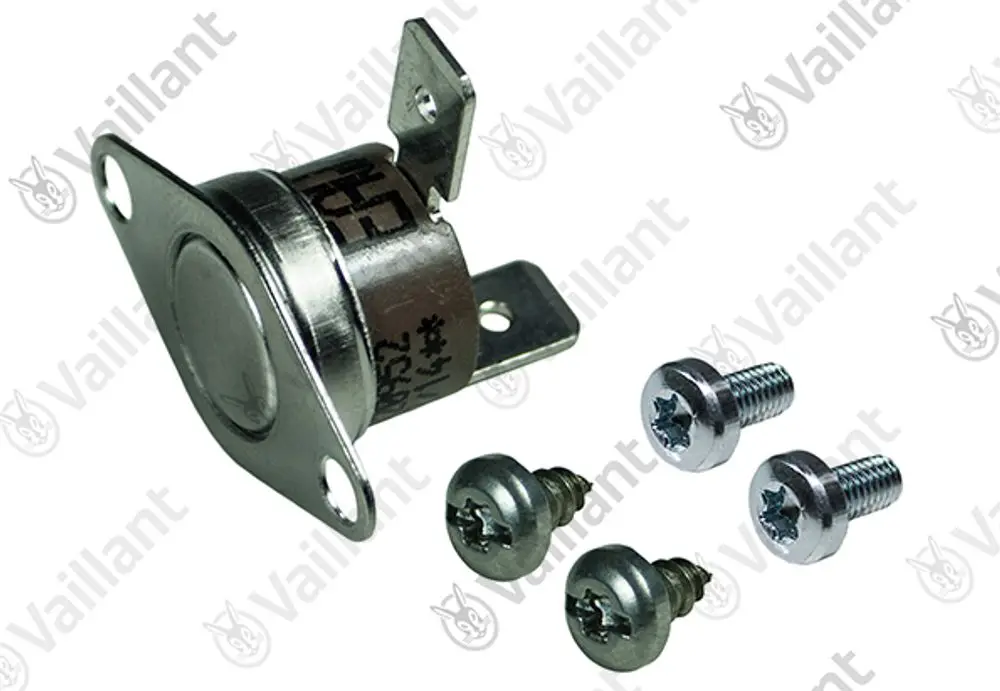 Vaillant Sensor mit Metallgehäuse und zwei Anschlüssen, begleitet von drei Schrauben zur Montage.